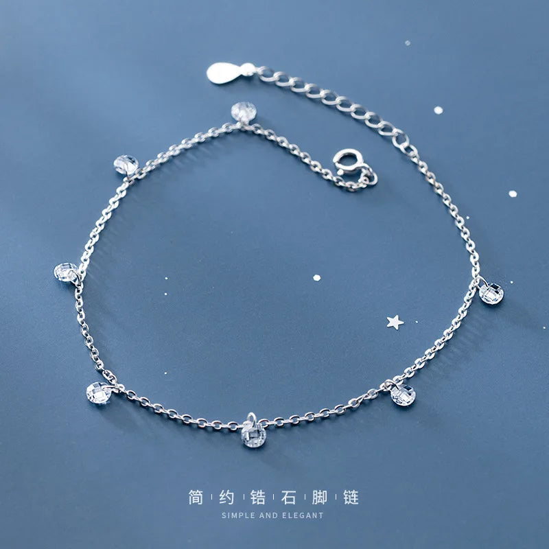 925 Sterling Silver Snake Ankle Chain for Women with Crystal Dangle