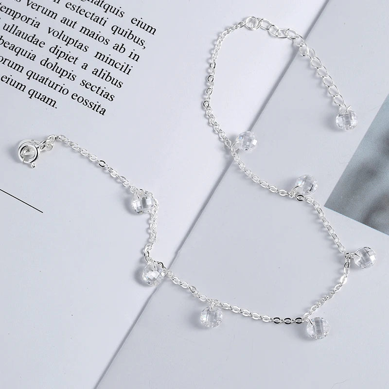 925 Silver Tassel Crystal Ankle Chain Beach Jewelry
