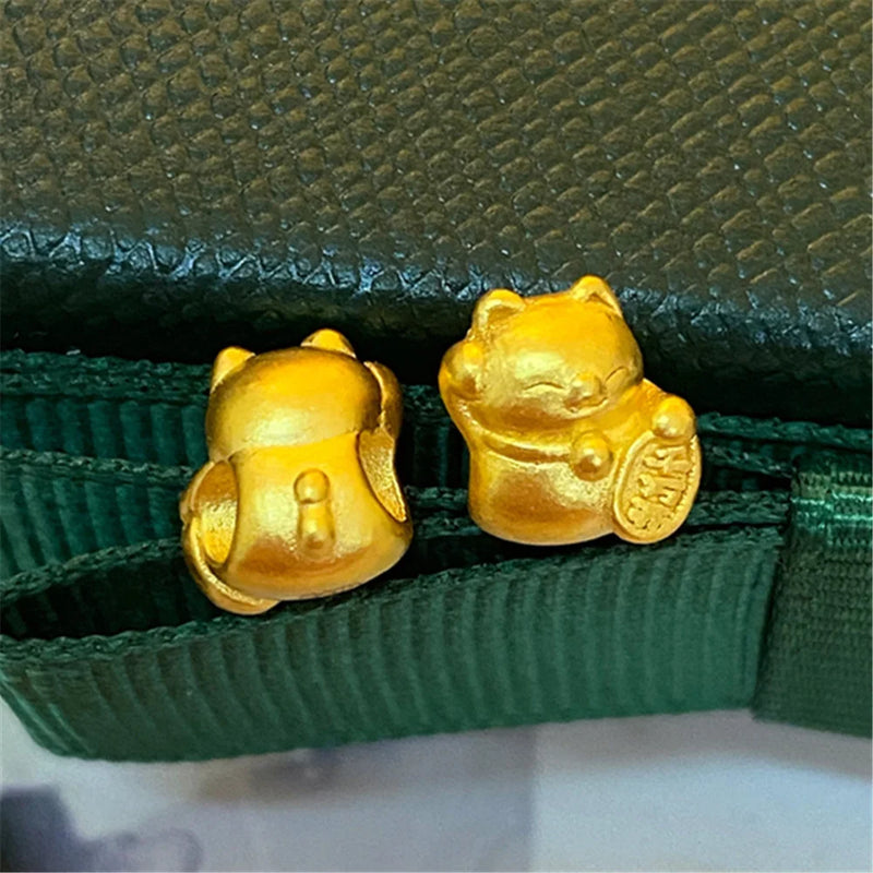24K Yellow 999 Lucky 3D Cat Bead Pendant 0.1-0.2g