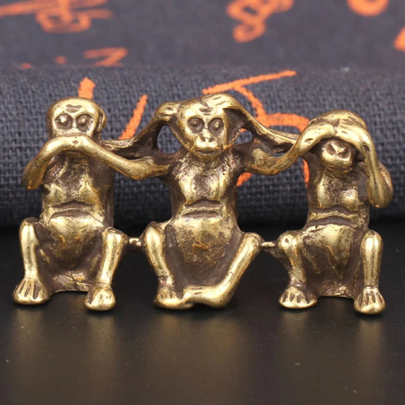 Antique Copper Three Monkeys Miniatures Figurines Feng Shui Ornaments