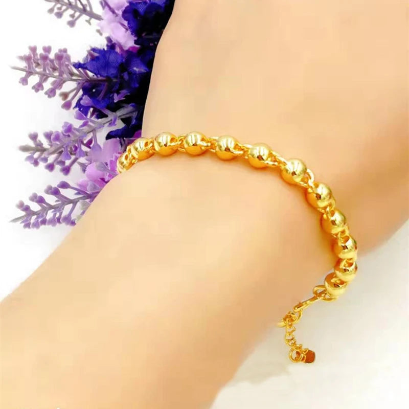 6mm Solid Ball Beads Link Chain Bracelet 24K Yellow Wedding Party Jewelry