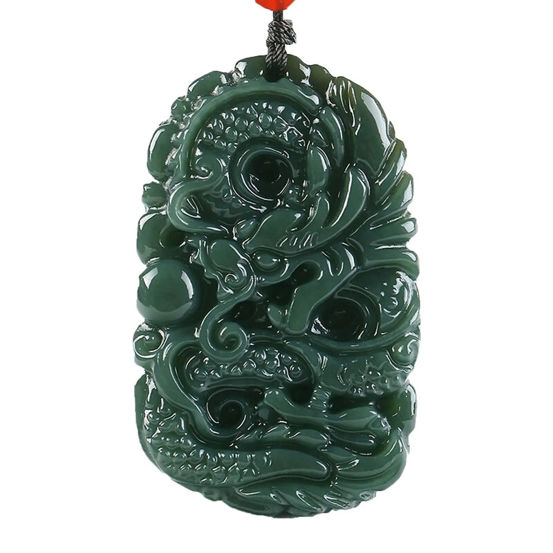 Hand Carved Qing Jade Dragon Necklace Pendant