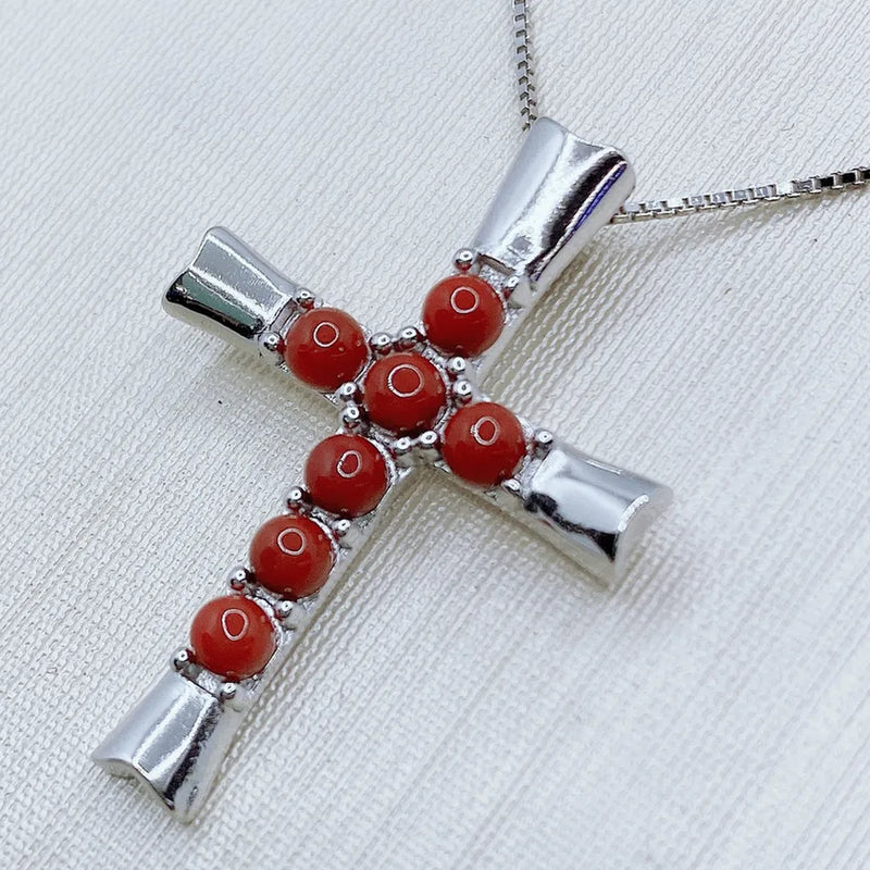 Natural Red Agate Cross Pendant Necklace S925 Sterling Silver Cross Jewelry