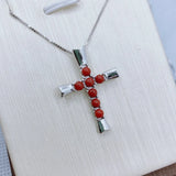 Natural Red Agate Cross Pendant Necklace S925 Sterling Silver Cross Jewelry