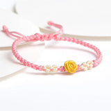 24k Yellow 3D Rose Flower Pink Knot Weave Bracelet Women Gift