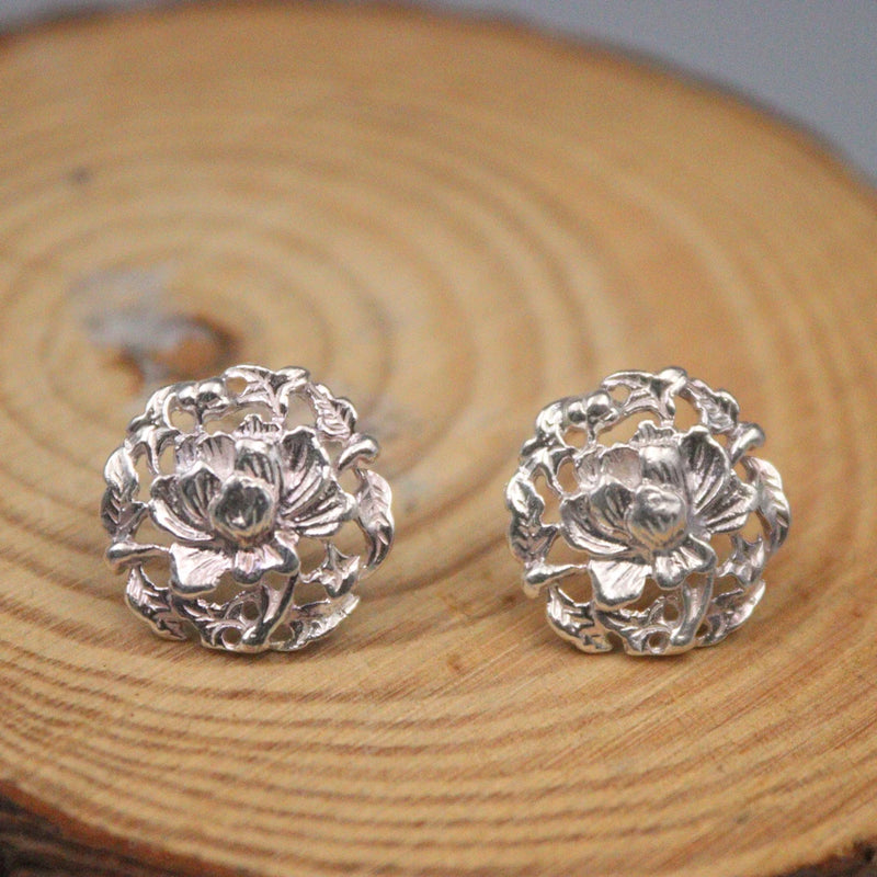 S925 Sterling Silver Hollow Peony Flower Earrings Stud 16*14mm