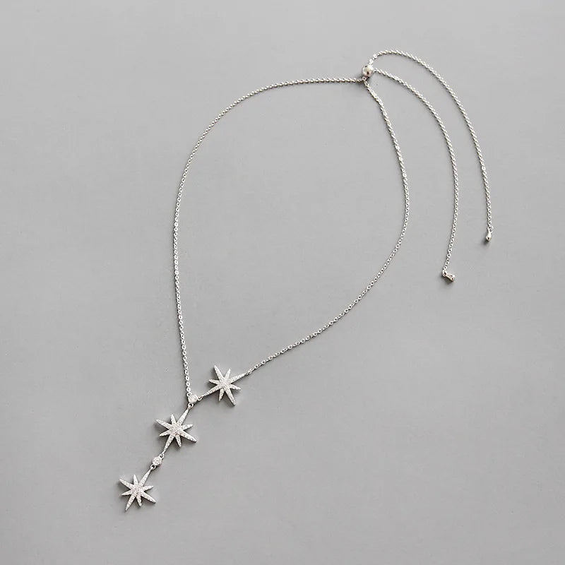 S925 Sterling Silver Necklace Zircon Stars Pendant Cross Chain Jewelry