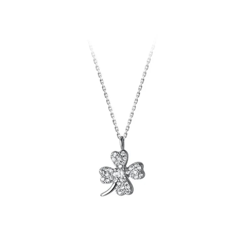 925 Silver Necklace Rose Zircon Clover Pendant Jewelry