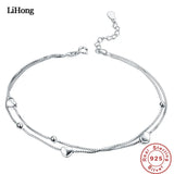 925 Sterling Silver Double Heart Pendant Anklets for Women