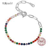 Silver Metal Chain Bracelet with Rainbow Zircon 925 Jewelry