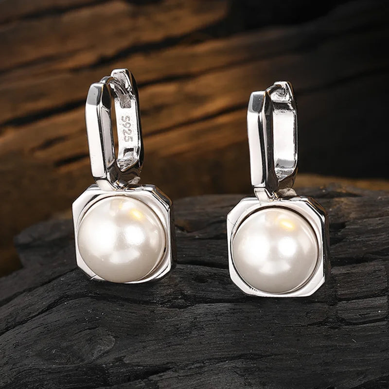 925 Sterling Silver Shell Pearl Drop Earrings Geometric Piercing Ear Buckle