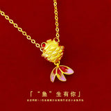 Yellow Goldfish Pendant Necklace Real Chain for Women Fine Jewelry
