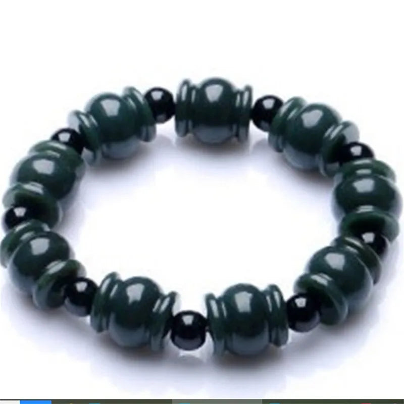 Natural Hetian Jade Passepartout Bracelet, Ink Green Jade Bead Bracelet