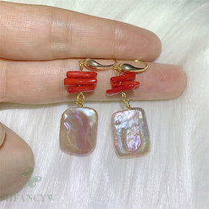 Purple Baroque Pearl Earring Coral 18k Ear Drop Hook Wedding Gift