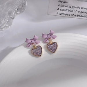 Purple Bow Love Earrings No Hole Ear Clips Sweet Heart Clip On Earring