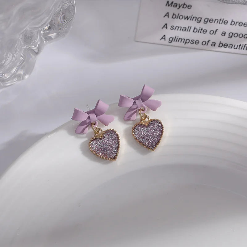 Purple Bow Love Earrings No Hole Ear Clips Sweet Heart Clip On Earring