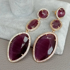 Purple Cat Eye Cz Yellow Plated Stud Earrings