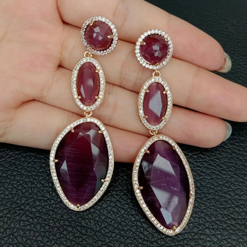 Purple Cat Eye Cz Yellow Plated Stud Earrings