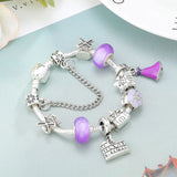 Purple Charm Flower Castle Pendant Silver Plated Bracelet