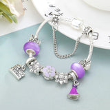 Purple Charm Flower Castle Pendant Silver Plated Bracelet