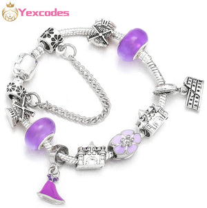 Purple Charm Flower Castle Pendant Silver Plated Bracelet