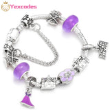 Purple Charm Flower Castle Pendant Silver Plated Bracelet