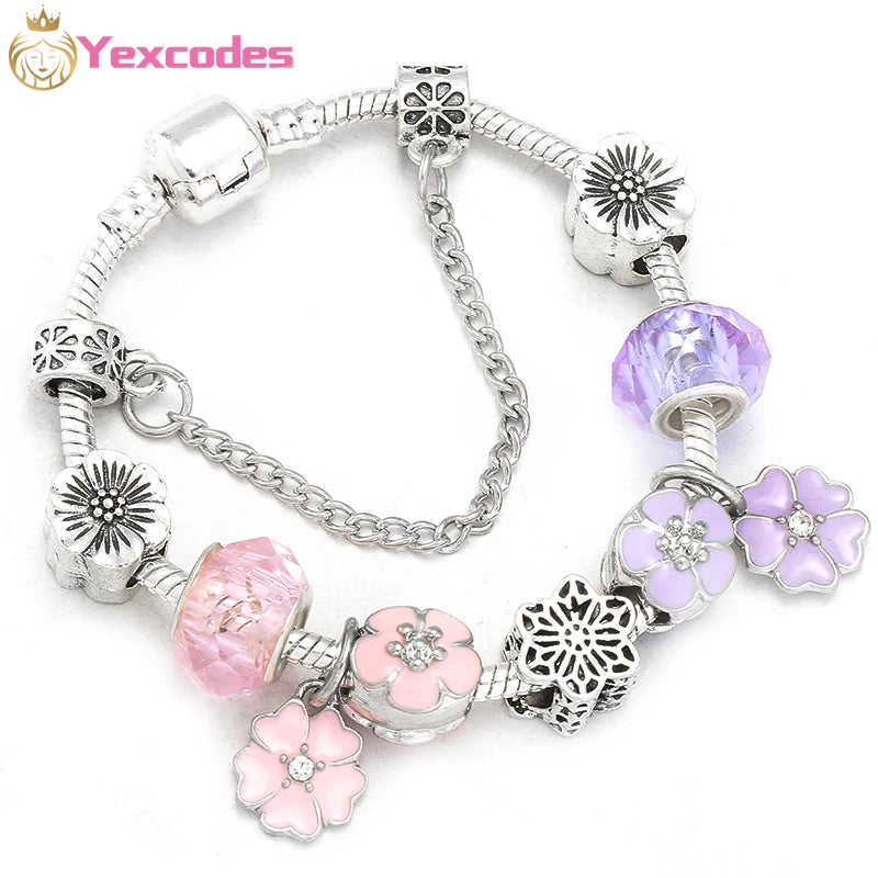 Purple Charm Flower Castle Pendant Silver Plated Bracelet