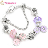 Purple Charm Flower Castle Pendant Silver Plated Bracelet