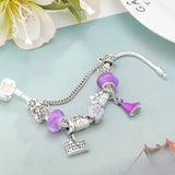 Purple Charm Flower Castle Pendant Silver Plated Bracelet