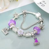Purple Charm Flower Castle Pendant Silver Plated Bracelet