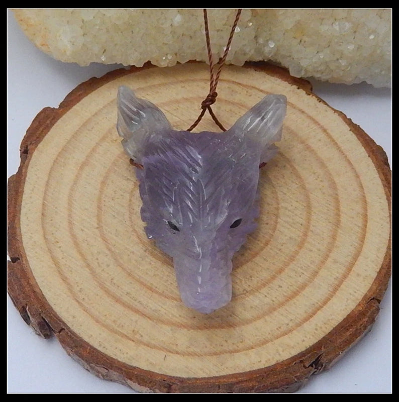 Amethyst Carved Wolf Head Pendant - Purple Natural Stone Animal Bead