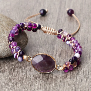 Purple Crystal Agate Stone Wrap Bracelet Charm String Braided Yoga Beaded