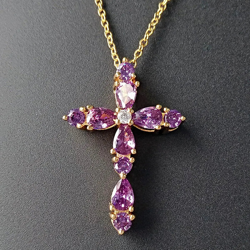 18k Filled Cross Pendant Amethyst Choker Necklace