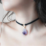 Purple Crystal Choker Necklace Raw Stone Pendant Women