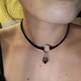 Purple Crystal Choker Necklace Raw Stone Pendant Women