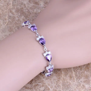 Purple Cubic Zirconia CZ Bracelet Silver Chain 6-8 inch