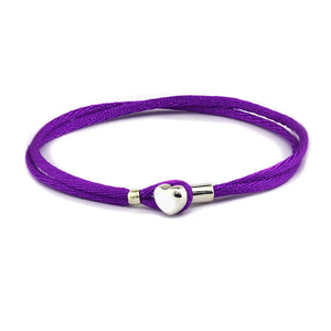 Purple Fabric Cord Bracelet w/ Heart Buckle Sterling Silver Jewelry