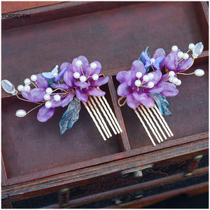Purple Flower Hair Combs Chinese Hairpins Tassel Pendant Jewelry Women Hanfu Dre
