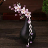 Purple Flower Hair Combs Chinese Hairpins Tassel Pendant Jewelry Women Hanfu Dre