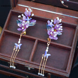 Purple Flower Hair Combs Chinese Hairpins Tassel Pendant Jewelry Women Hanfu Dre