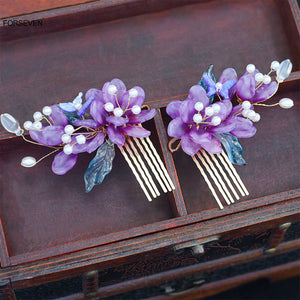Purple Flower Hair Combs Chinese Hairpins Tassel Pendant Jewelry Women Hanfu Dre