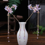 Purple Flower Hair Sticks Hanfu Accessories Pearl Tassel Alloy Headpiece