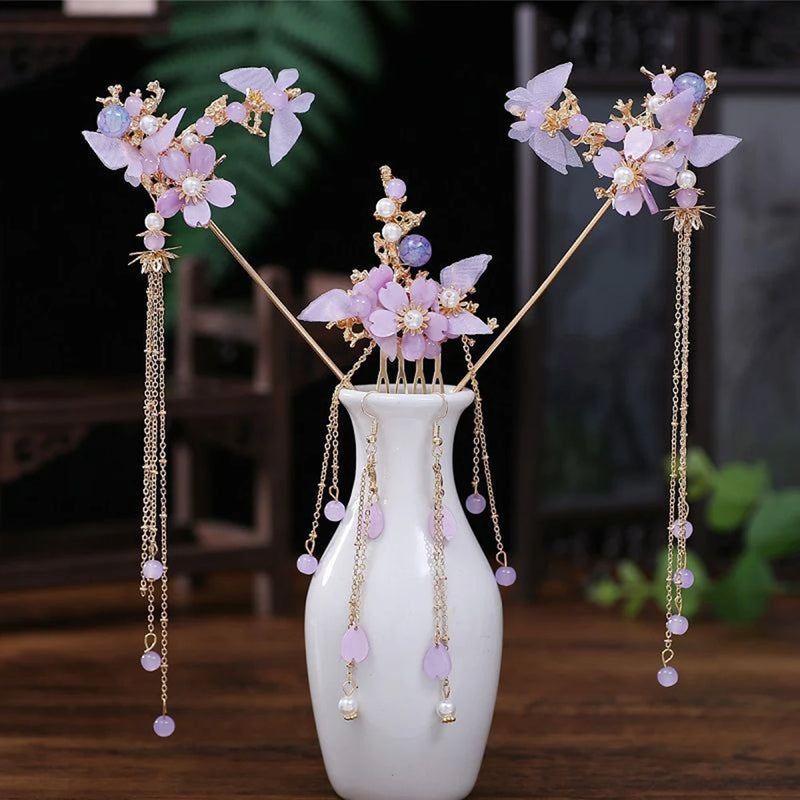 Purple Flower Hair Sticks Hanfu Accessories Pearl Tassel Alloy Headpiece