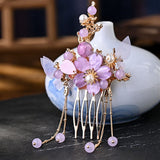 Purple Flower Hair Sticks Hanfu Accessories Pearl Tassel Alloy Headpiece