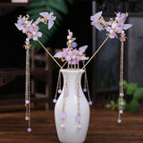 Purple Flower Hair Sticks Hanfu Accessories Pearl Tassel Alloy Headpiece