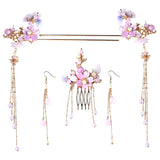 Purple Flower Hair Sticks Hanfu Accessories Pearl Tassel Alloy Headpiece