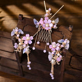 Purple Flower Hair Sticks Hanfu Accessories Pearl Tassel Alloy Headpiece
