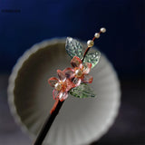 Purple Flower Hair Sticks Wooden Hairpins Clips Retro Chinese Pearl Headpiece