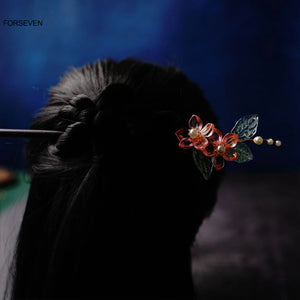 Purple Flower Hair Sticks Wooden Hairpins Clips Retro Chinese Pearl Headpiece