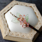 Purple Flower Hair Sticks Wooden Hairpins Clips Retro Chinese Pearl Headpiece